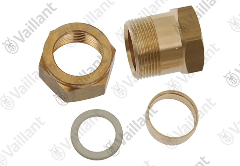 Vaillant Quetschverschraubung bestehend aus einer Nuss mit Innengewinde, einem Überwurf, einer Dichtung und einem Unterlegring in bronzefarbenem Metall.